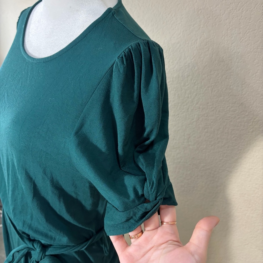 Boden Dark Green Belted Waist Short Sleeve Knot Detail Jersey Mini Dress Sz 12R - Picture 5 of 11